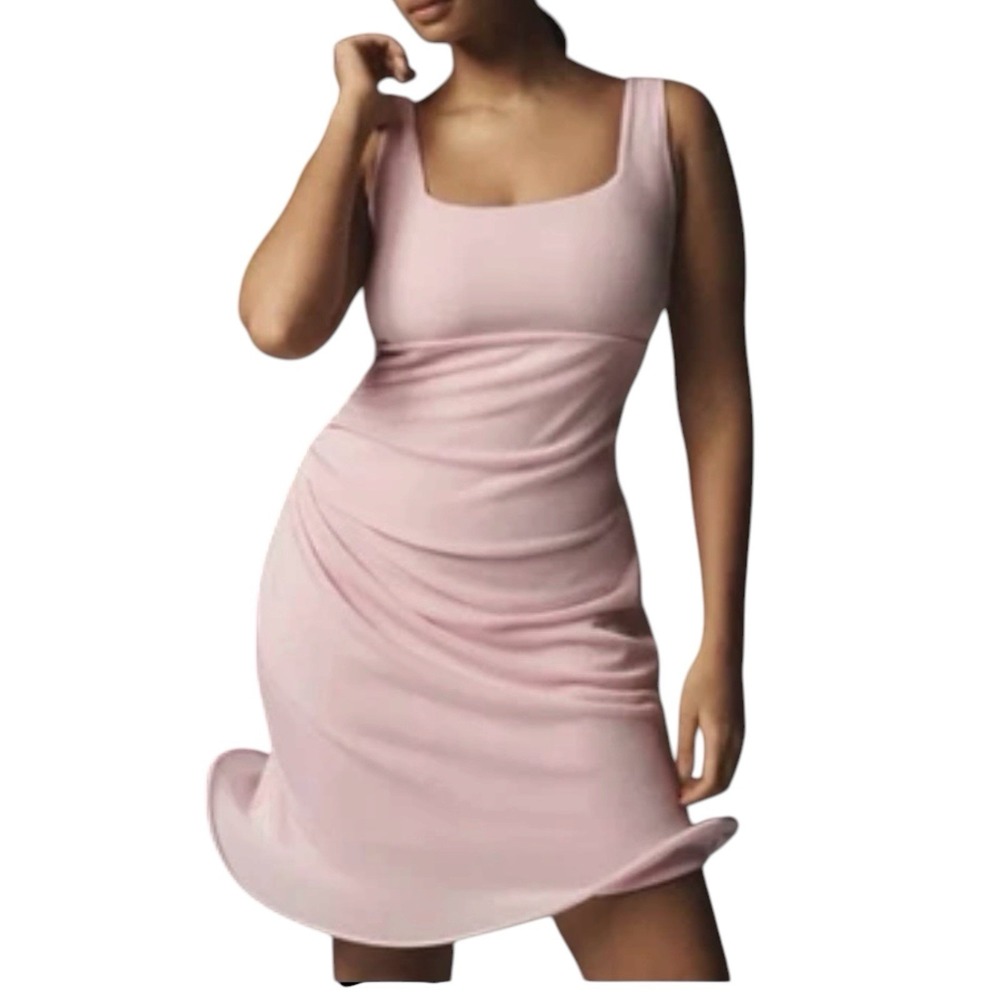 Mare Mare Anthropologie Mini Dress 1X Pink Square Neck Ruched Bodycon NWT